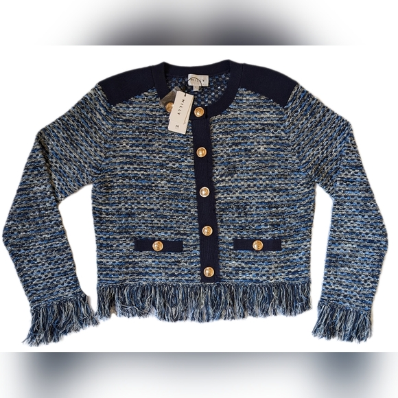 Milly Kaia Textured Knit Cardigan Jacket, Navy W Fringe, NEW WITH TAGS - Picture 1 of 10